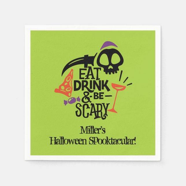 Eat Drink and Be Scary Green Halloween Party Napkins (Front)