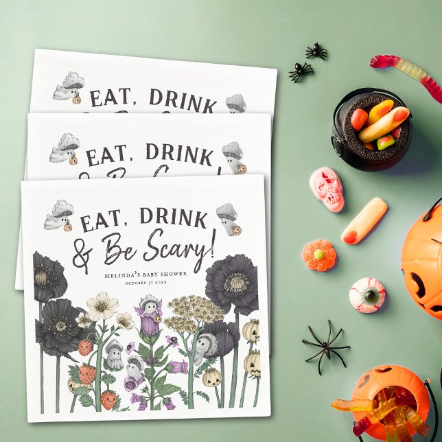 Eat Drink and Be Scary Halloween Baby Shower Napkins (Eat, drink and be scary Halloween baby shower party paper napkins with flowers and mushroom ghosts.)