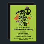 Eat Drink and Be Scary Halloween Invitation<br><div class="desc">Eat, Drink and Be Scary is printed in fun typography with a wine glass, skull, scary knife, pizza and candy, ready to PERSONALIZE with your party details. CHANGE the lime green background color to fit your Halloween decorating theme. Available as printed invitations and instant download to print yourself or to...</div>