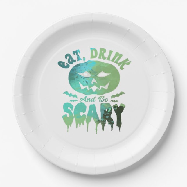 Eat Drink And Be Scary Halloween Light Paper Plates (Front)