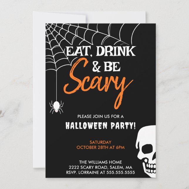 Eat Drink and Be Scary Halloween Party Black Invitation (Front)