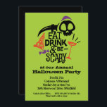 Eat Drink and Be Scary Halloween Party Invitations<br><div class="desc">Eat, Drink and Be Scary is printed in fun typography with a wine glass, skull, scary knife, pizza and candy, ready to PERSONALIZE with your party details. CHANGE the lime green background color to fit your Halloween decorating theme. For thicker papers, consider the Matte Paper. MATCHING items in our store....</div>