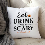 Eat Drink and Be Scary Modern Typography Halloween Throw Pillow<br><div class="desc">This scary cute Halloween throw pillow features the phrase "Eat Drink and Be Scary" in a modern black typography design with an orange jack o'lantern pumpkin accent. Personalize the script with your names / family name or with other text like "happy halloween". White background can be customized.</div>