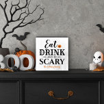Eat Drink and Be Scary Modern Typography Halloween Wooden Box Sign<br><div class="desc">This scary cute personalized wooden Halloween art decor features the phrase "Eat Drink and Be Scary" in a modern black typography design with an orange jack o'lantern pumpkin accent and text that can be personalized with your names or family name.</div>