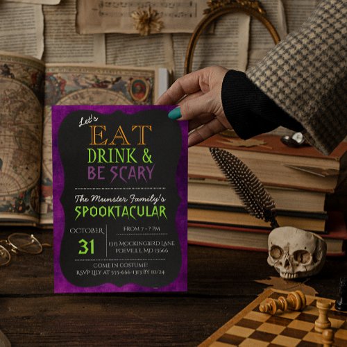 Eat Drink and Be Scary Purple Halloween Invitation
