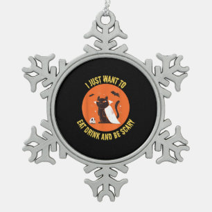 Eat Drink And Be Scary Spooky Cat Halloween Snowflake Pewter Christmas Ornament
