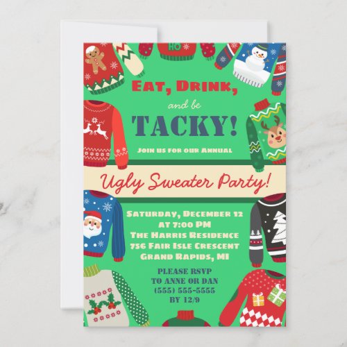 Eat Drink and be Tacky Ugly Sweater Holiday Party Invitation