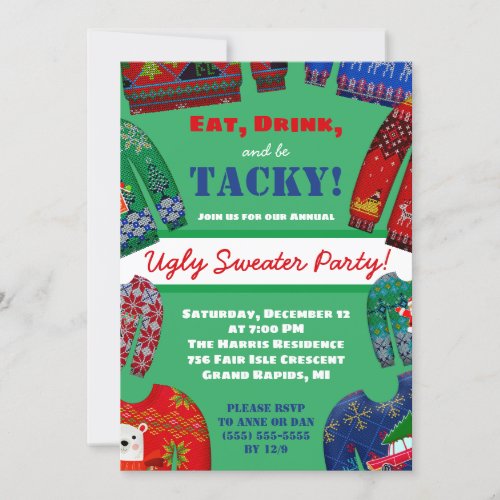 Eat Drink and be Tacky Ugly Sweater Holiday Party Invitation