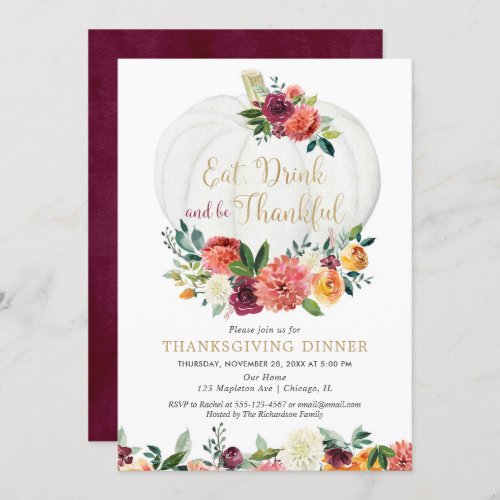 Eat Drink and be Thankful Floral Thanksgiving Invitation