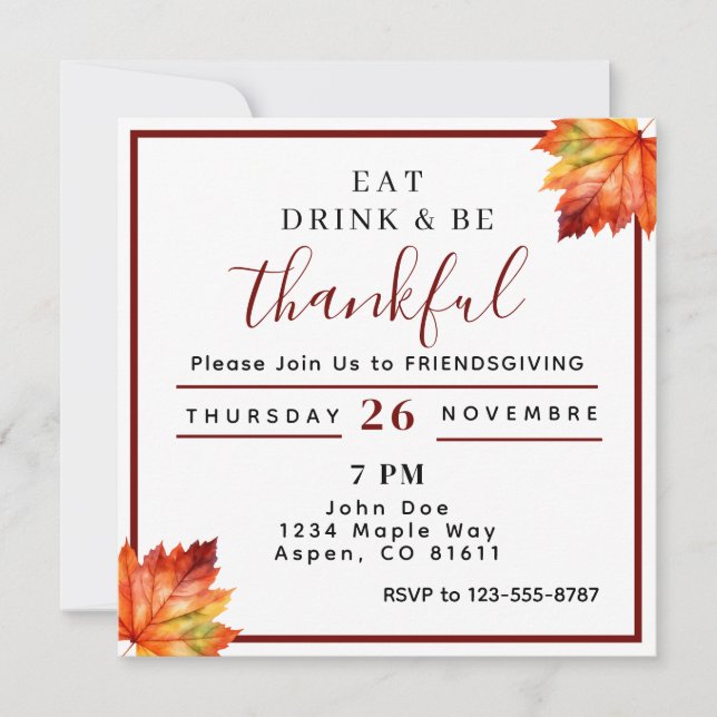 eat drink and be thankful Friendsgiving  Invitation (Front)