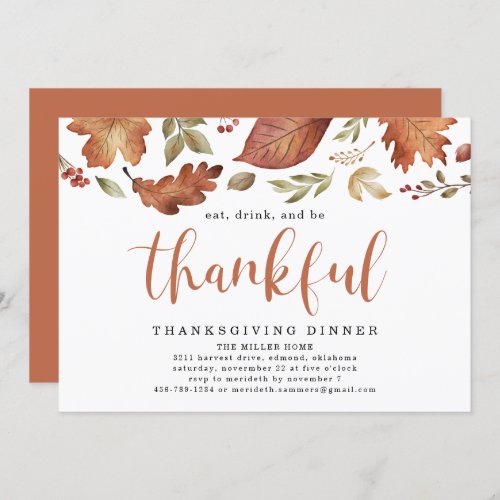 Eat Drink and Be Thankful Leaves Thanksgiving Invitation