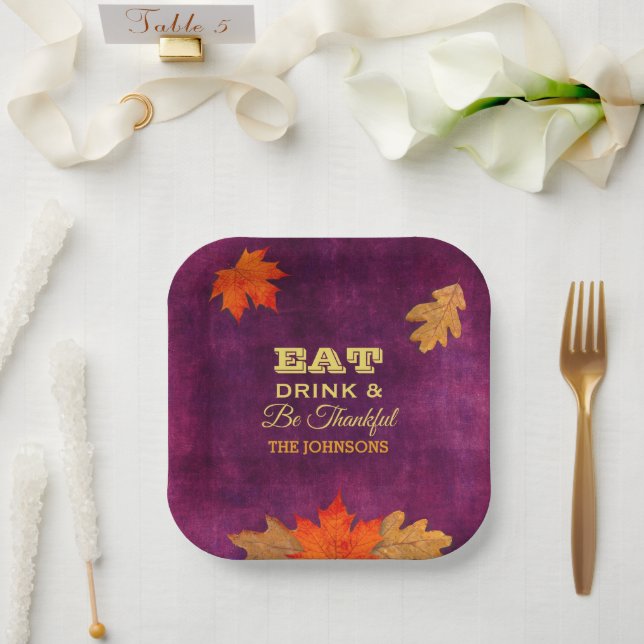 Eat Drink and Be Thankful Plum Leaves  Paper Plates (Wedding)