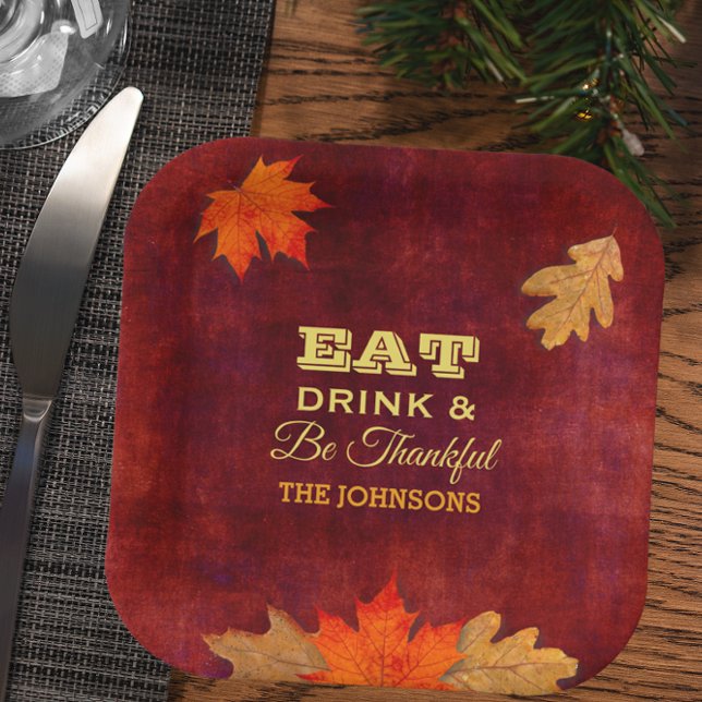 Eat Drink and Be Thankful Red Leaves Paper Plates (Creator Uploaded)
