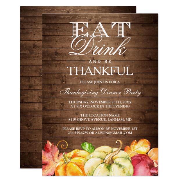 Eat Drink And Be Thankful | Rustic Wood Pumpkins Card