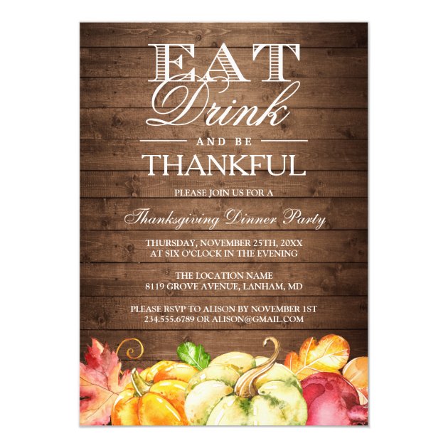 Eat Drink And Be Thankful | Rustic Wood Pumpkins Card