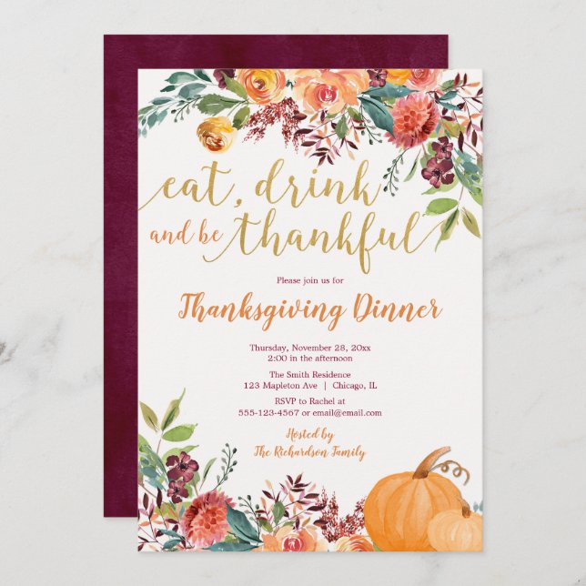 Eat Drink and be Thankful Thanksgiving Dinner Invitation (Front/Back)