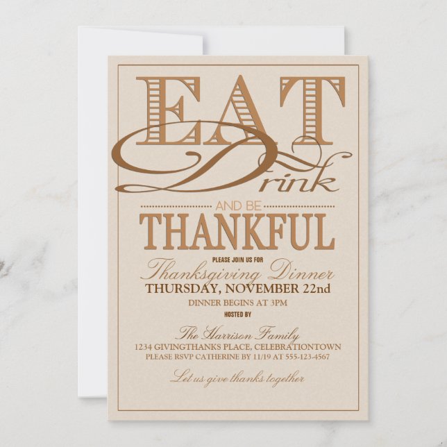 Eat Drink and Be Thankful Thanksgiving Invitations (Front)