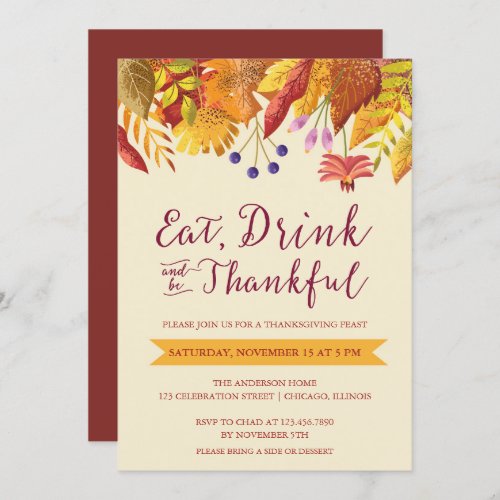Eat Drink and be Thankful Watercolor Leaves Party Invitation