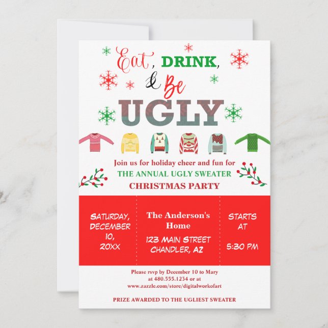 Eat Drink and Be Ugly Christmas Holiday Party Invitation (Front)