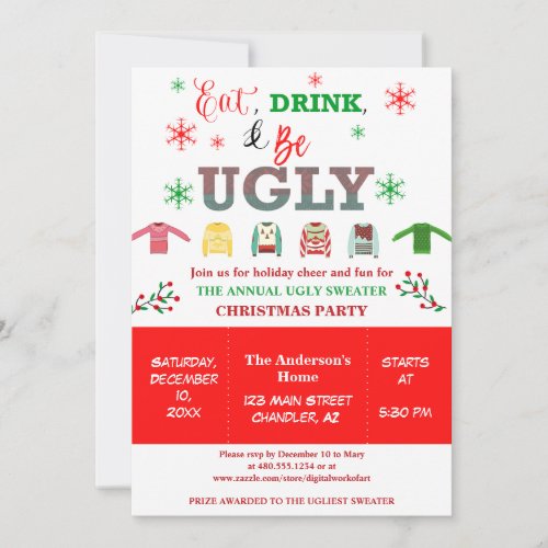 Eat Drink and Be Ugly Christmas Holiday Party Invitation