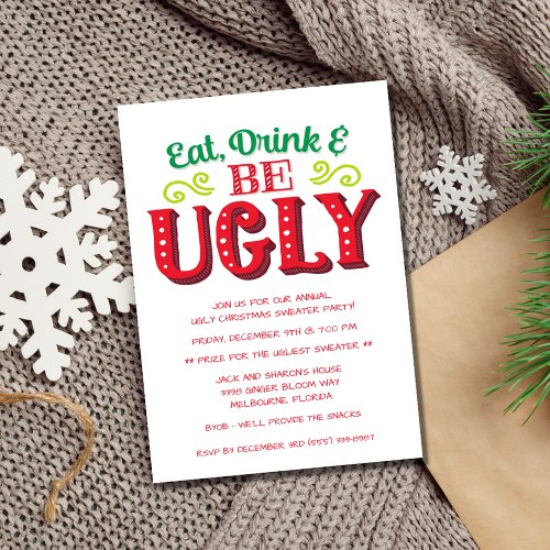 Eat Drink and Be Ugly Christmas Sweater Party Invitation