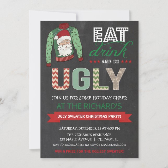Eat Drink and be Ugly Sweater Christmas Party Invitation (Front)