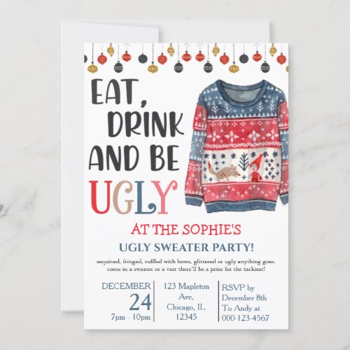 Eat Drink and Be Ugly Sweater Christmas Party Invitation
