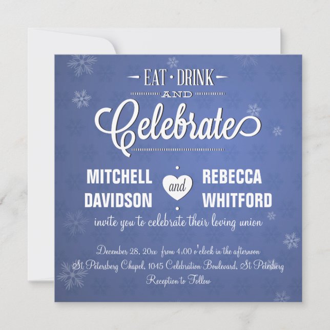 Eat Drink and Celebrate Blue Winter Invitation (Front)