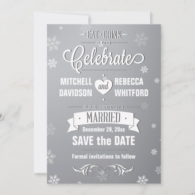 Eat Drink and Celebrate Winter Gray Save the Date (Front)