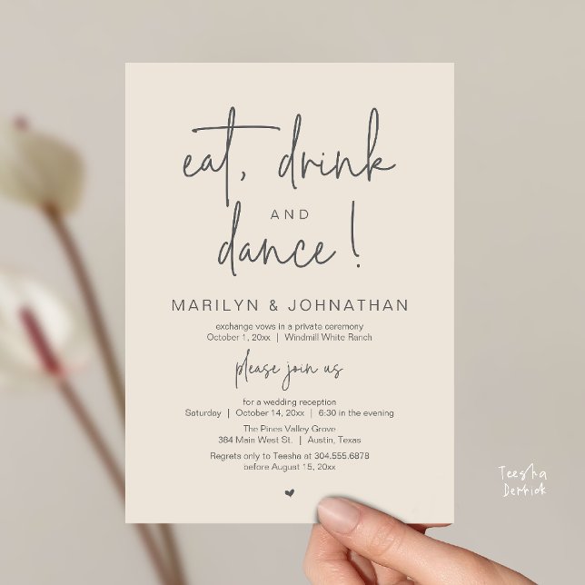 Eat, Drink and Dance, Modern Wedding Reception Invitation (Eat, Drink and Dance, Modern Wedding Reception Dinner Party Invitation Card in cream grey)