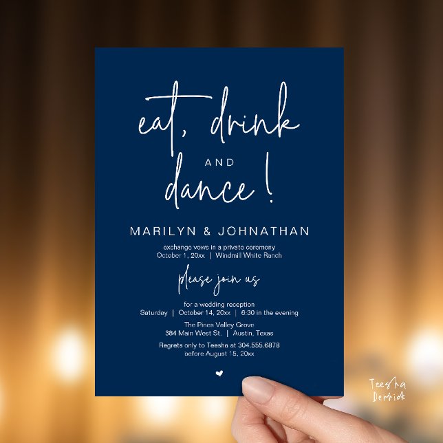Eat, Drink and Dance, Modern Wedding Reception Invitation (Eat, Drink and Dance, Modern Wedding Reception Dinner Party Invitation Card in navy blue)