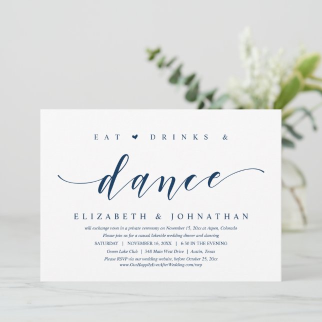 Eat, Drink and Dance, Wedding Elopement Party Invi Invitation (Standing Front)