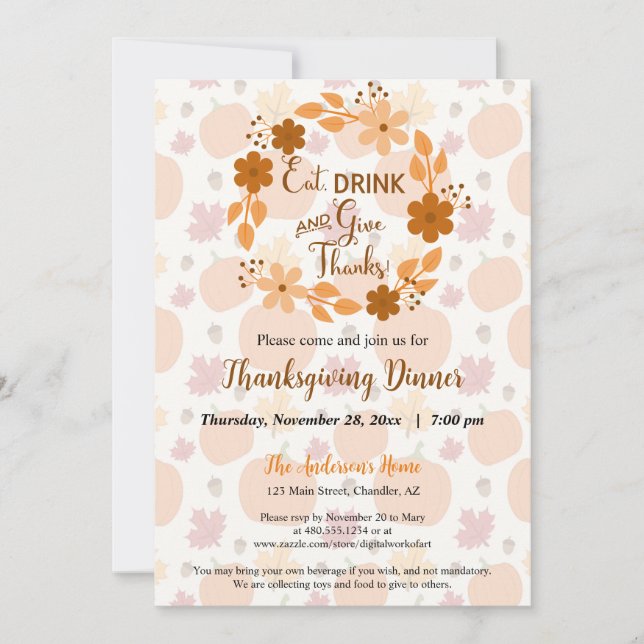 Eat Drink and Give Thanks Floral Fall Dinner Invitation (Front)
