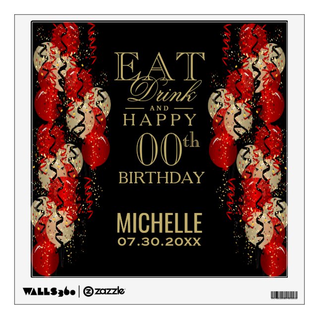 Eat, Drink and Happy 00th Birthday - Red Balloon Wall Decal (Front)