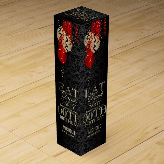 Eat, Drink and Party  00th Birthday - Red Balloons Wine Box (Front)