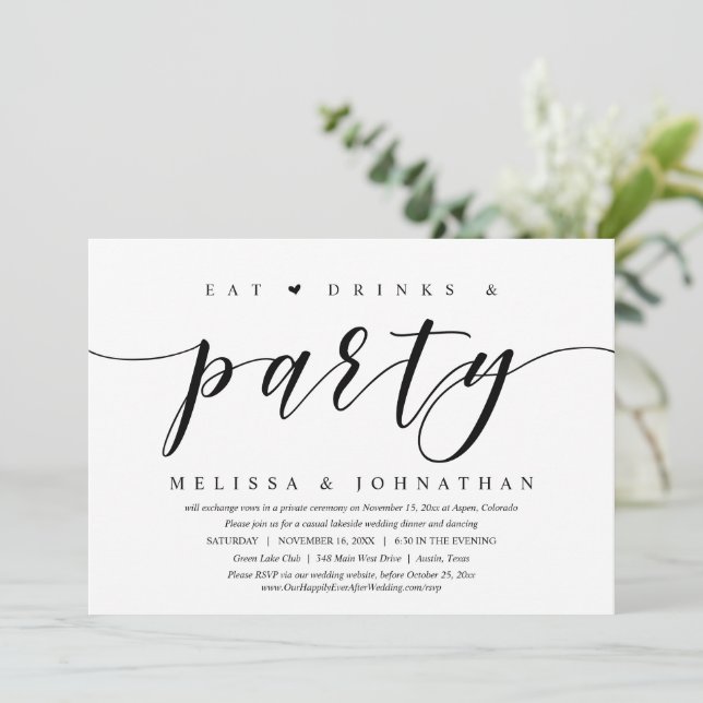 Eat, Drink and Party, Wedding Elopement Dinner Invitation (Standing Front)