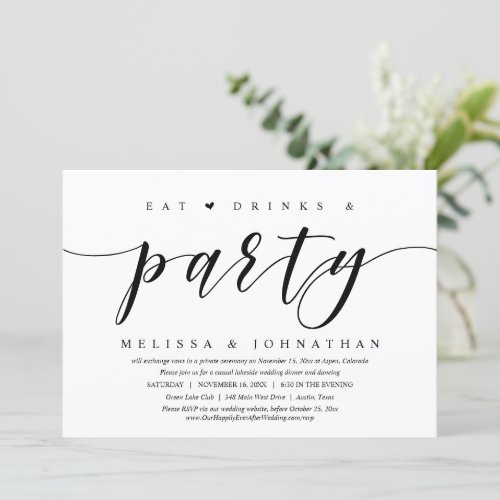 Eat Drink and Party Wedding Elopement Dinner Invitation