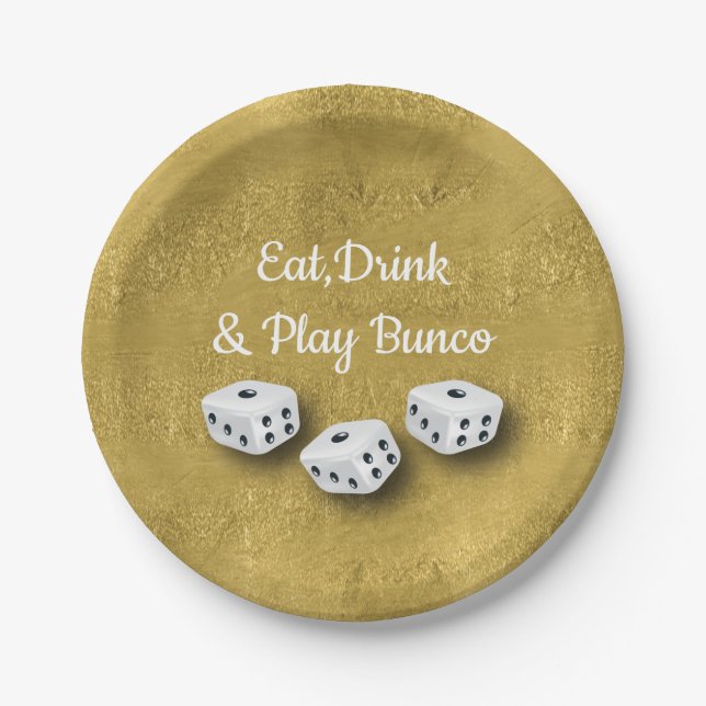 Eat, Drink and Play Gold Dice Bunco Paper Plates (Front)