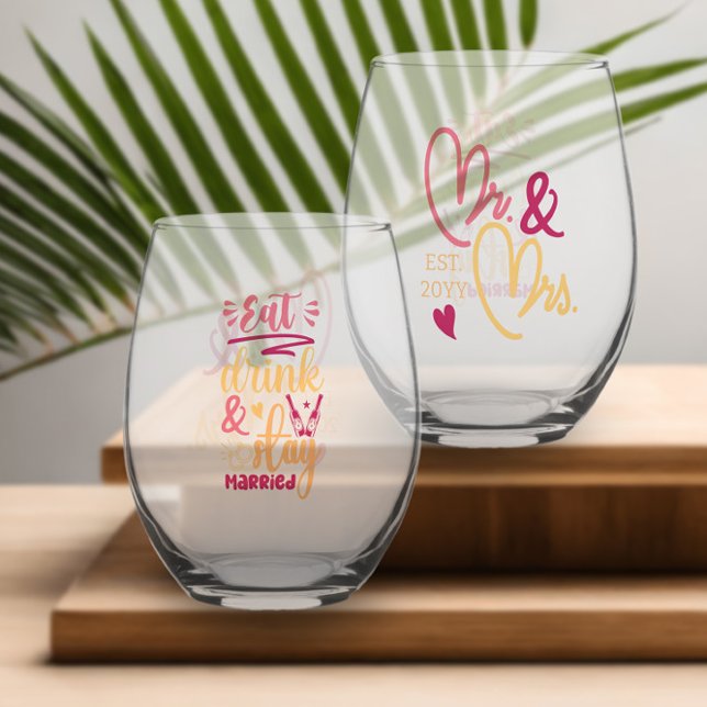 Eat Drink and Stay Married Mr and Mrs Newlywed Stemless Wine Glass (Eat drink & stay married glasses from Newlywed Christmas Gift Ideas collection by Darling & May)