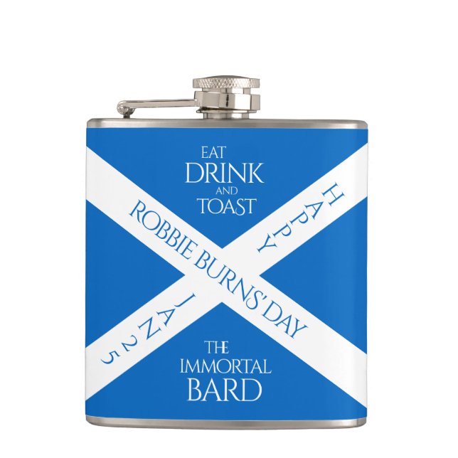 Eat Drink and Toast Robbie Burns Scottish Flag Flask (Front)