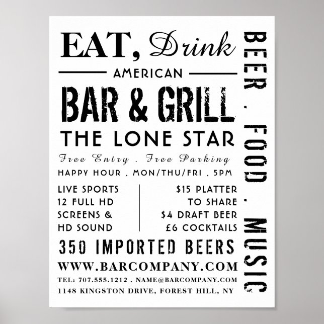 Eat, Drink Bar & Grill, Pub/Brewery Advertising Poster (Front)