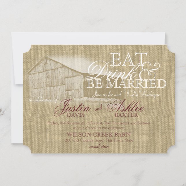 Eat Drink BBQ Barn Wedding Rehearsal Invitation (Front)