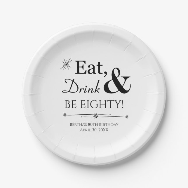 Eat Drink & Be Eighty Retro 80th Birthday Paper Plates (Front)