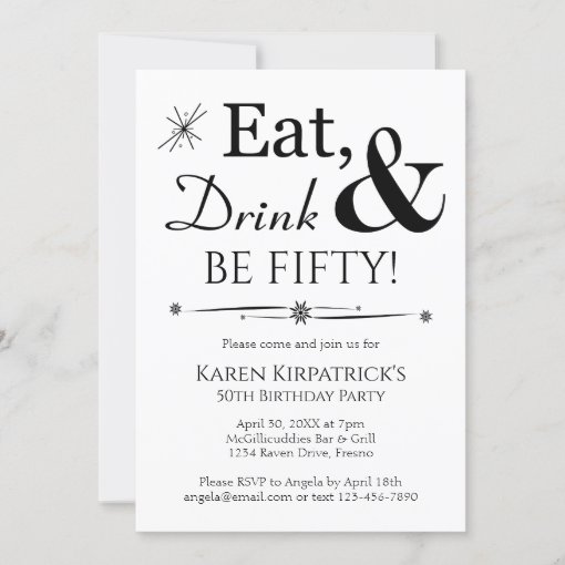 Eat Drink Be Fifty Retro Black White 50th Birthday Invitation | Zazzle