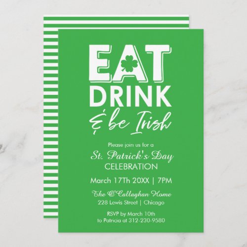 Eat Drink  Be Irish Modern St Patricks Day Invitation