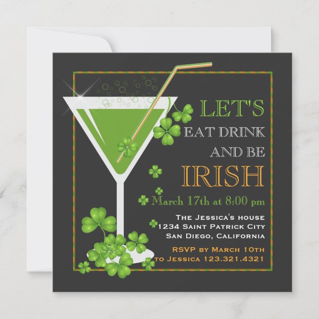 Eat, Drink & Be Irish St. Patrick's Day Cocktail Invitation (Front)