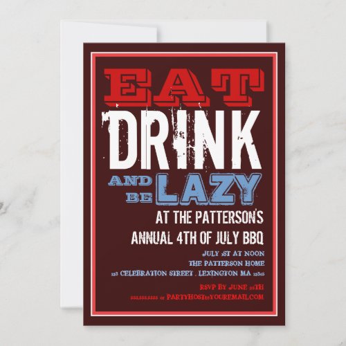 Eat, Drink &amp; Be Lazy 4th of July BBQ Party Custom Invites