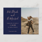 Eat drink be married 2 photos navy save the date postcard (Front)