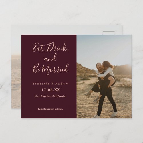 Eat drink be married 2 photos red save the date postcard