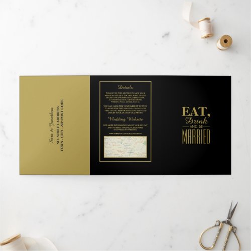 Eat Drink  be Married Black  Gold Wedding Suite Tri_Fold Invitation